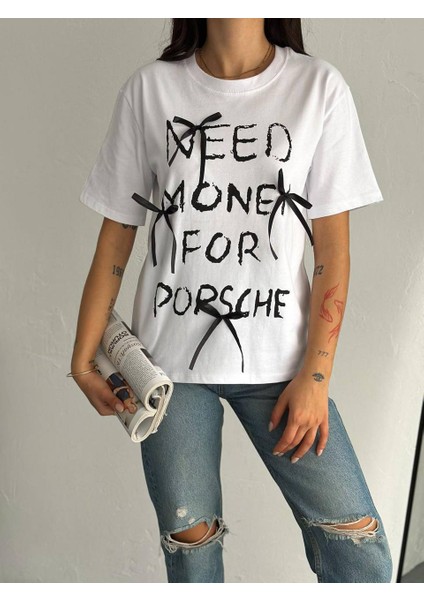 Need Money Baskılı Kurdele Detaylı Kısa Kollu T-Shirt