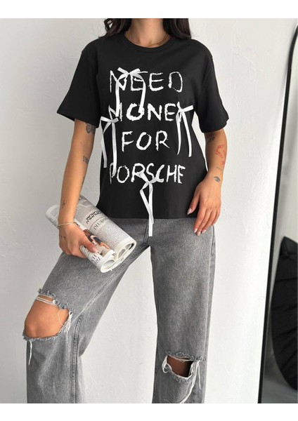 Need Money Baskılı Kurdele Detaylı Kısa Kollu T-Shirt