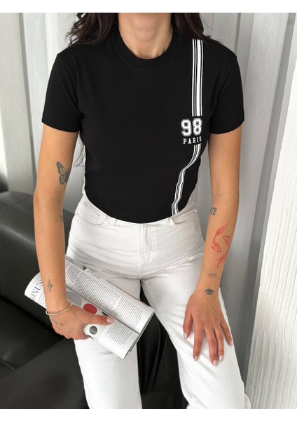 98 Paris Yazılı Slim Fit Crop Kısa Kollu T-Shirt