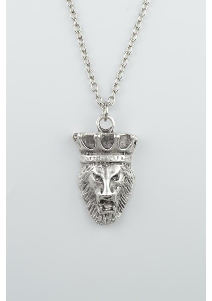 Aslan Kral Kafası - Taçlı Zincir Kolye - Gümüş Kaplama - Erkek Kadın Kolye - Kod:483
