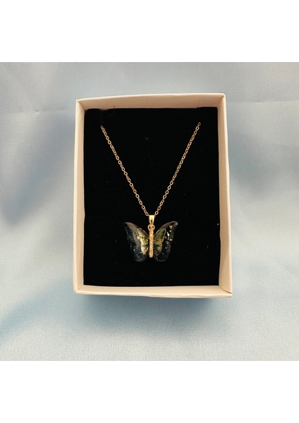 316L Çelik Gold Zirkon Taşlı Siyah Renk Kelebek Kolye modelleri