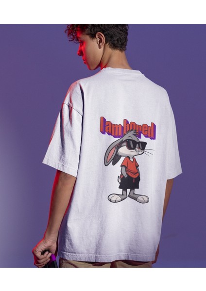 I Am Bored Çizgi Karakter Baskılı Oversize Tişört