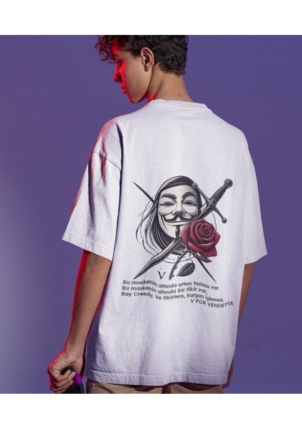 V For Vendetta Baskılı Oversize Erkek Tişört