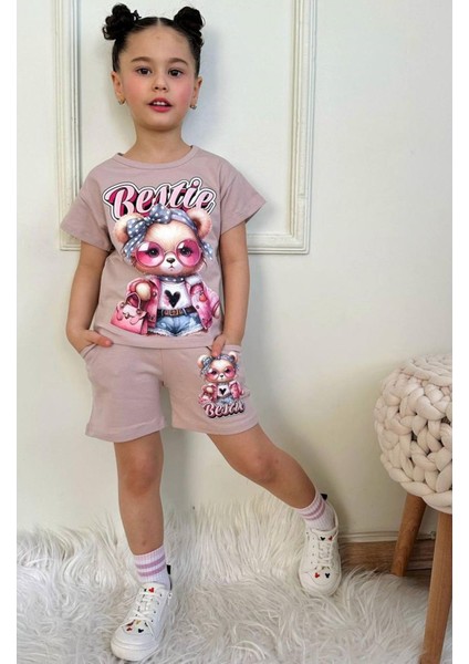 Pjkskt Süslü Ayıcık Desenli Bej Şortlu Kız Çocuk Kısa Kol Takım 7573-B