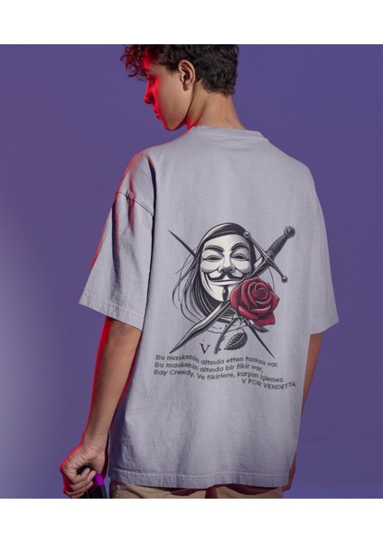 V For Vendetta Baskılı Oversize Erkek Tişört