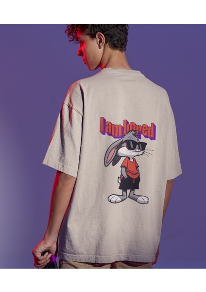 I Am Bored Çizgi Karakter Baskılı Oversize Tişört
