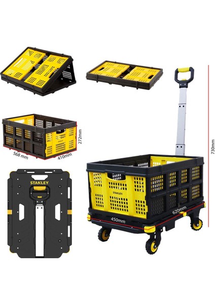 PC532B 137KG 62X45CM Dört Tekerli Çekme Kollu Yük ve Paket Taşıma Arabası + FT505 Çok Amaçlı Taşıma Sepeti