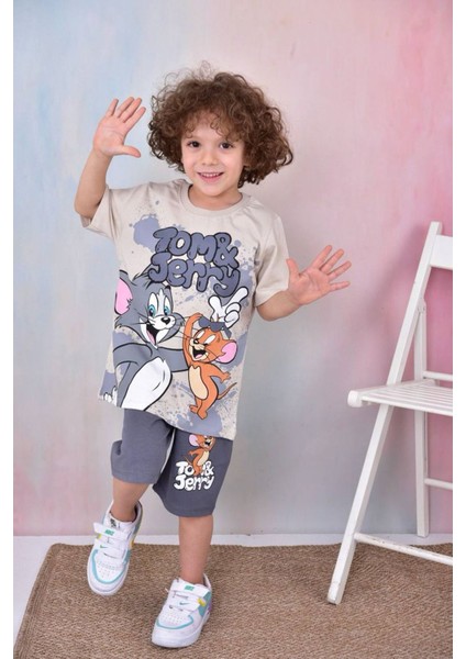 Pjkskt Tom&jerry Desenli Füme Şortlu Erkek Çocuk Kısa Kol Takım 7601-F