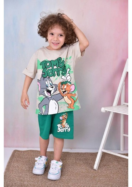 Pjkskt Tom&jerry Desenli Yeşil Şortlu Erkek Çocuk Kısa Kol Takım 7601-Y