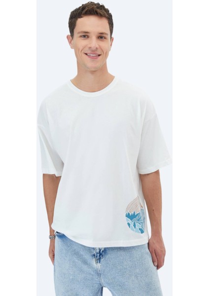 Ekru Baskılı Bisiklet Yaka Pamuk T-Shirt