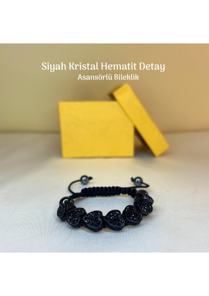 Kristal Taş Kalp Figürlü Hematit Detaylı Asansör Bileklik Halhal