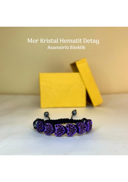 Kristal Taş Kalp Figürlü Hematit Detaylı Asansör Bileklik Halhal