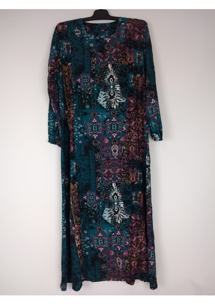 Kadın Petrol Beşgen Yaka Uzun Kollu Kol Bilek Lastikli Yazlık Viskon Uzun Elbise 2 cm Suya Çeker indirimleri