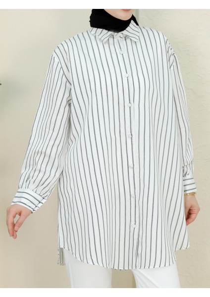 Çizgili Salaş Gömlek - Taşlı Düğmeli Çizgili Şık Gömlek