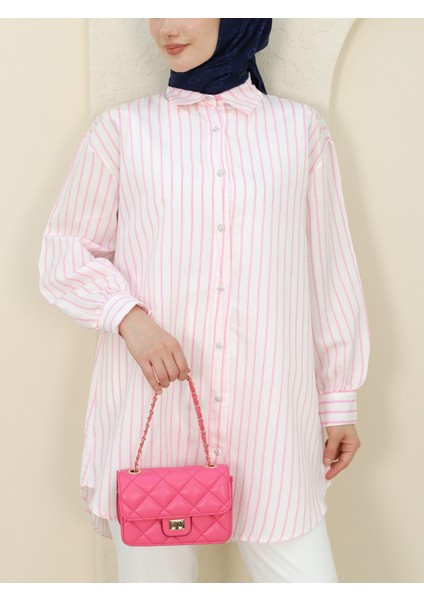 Çizgili Salaş Gömlek - Taşlı Düğmeli Çizgili Şık Gömlek indirimleri