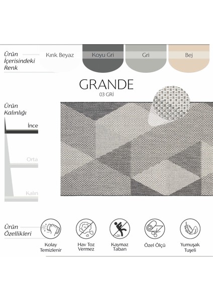 Grande 03 Gri Kaymaz Taban Yolluk Uzun Hol Koridor Halısı İnce Yıkanabilir Dokuma Kilim Halı Yolluk