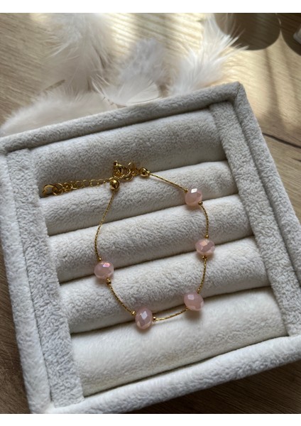 8 mm Pembe Kristal Altın Kaplama Bileklik