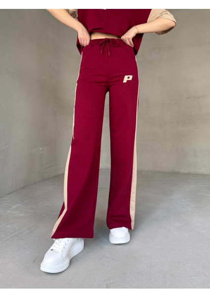 TKM-03654 Bordo Bej P Nakışlı Bisiklet Yaka Tshirt Bel Lastikli Palazzo Alt Ikili Takım