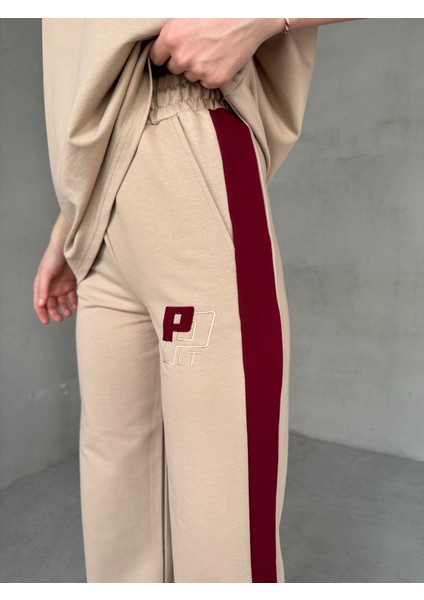 TKM-03654 Bej Bordo P Nakışlı Bisiklet Yaka Tshirt Bel Lastikli Palazzo Alt Ikili Takım