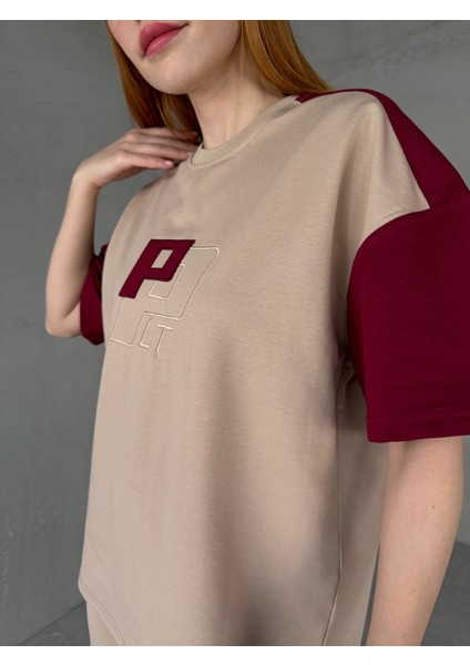 TKM-03654 Bej Bordo P Nakışlı Bisiklet Yaka Tshirt Bel Lastikli Palazzo Alt Ikili Takım