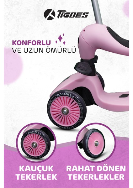 Premium Oturaklı Pembe Scooter 3 Tekerlekli LED Işıklı Scooter Yükseklik Ayarlı 1-6 Yaş
