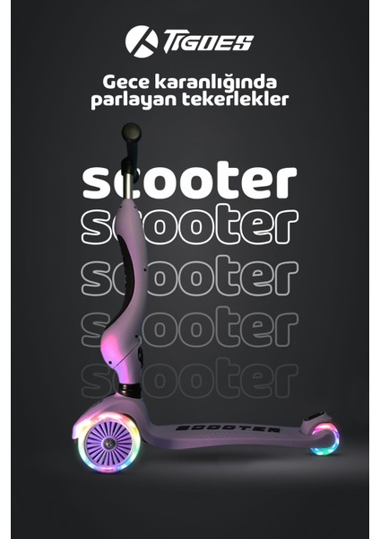 Premium Oturaklı Pembe Scooter 3 Tekerlekli LED Işıklı Scooter Yükseklik Ayarlı 1-6 Yaş