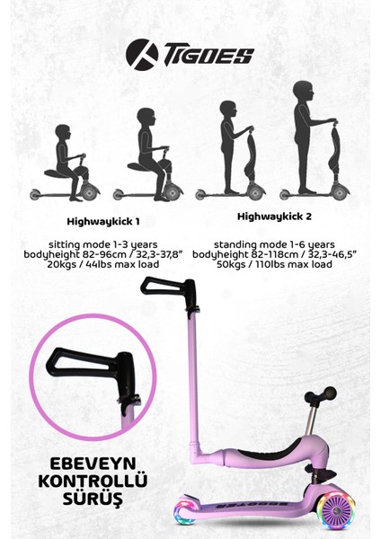 Premium Oturaklı Pembe Scooter 3 Tekerlekli LED Işıklı Scooter Yükseklik Ayarlı 1-6 Yaş