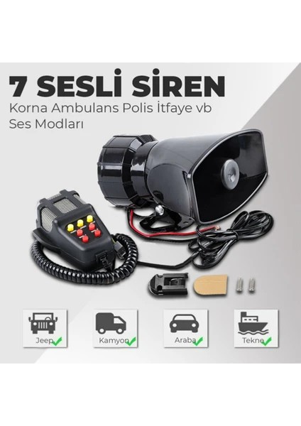 7 Sesli Mikrofonlu Megafon Siren 100 Watt Yüksek Sesli 12 Volt Dat Dat