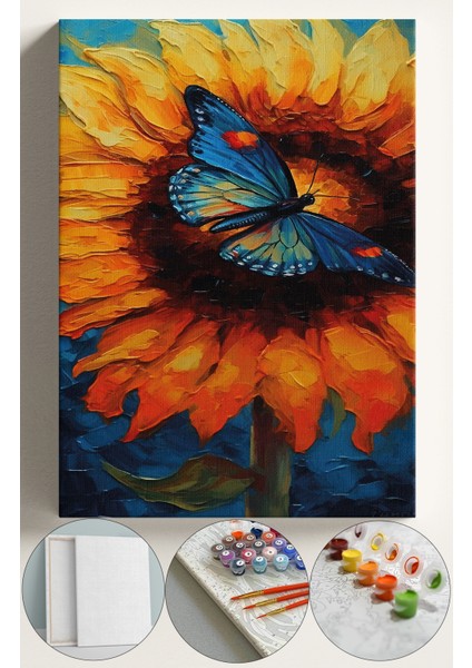 Sayılarla Boyama Çerçeveli Hobi Seti Numaralı Tuval Fırça Boya Dahil Kasnaklı 40X50 cm Kelebek Ayçiçeği