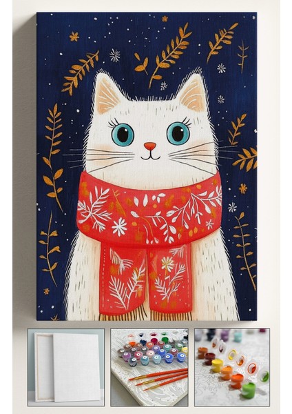 Sayılarla Boyama Çerçeveli Hobi Seti Numaralı Tuval Fırça Boya Dahil Kasnaklı 40X50 cm Kırmızı Atkılı Kedi