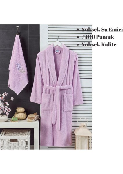 Pamuk Nakışlı Havlulu Bornoz 2li Set