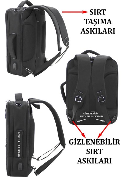 15.6" Inç Laptop Sırt Çantası Deri Detay USB Aparatlı Su Geçirmez Laptop Sırt Çantası
