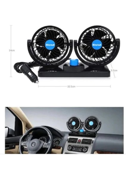 12 Volt Araç Içi Torpido Üstü Çift Fanlı Oto Vantilatör 360° Dönebilir