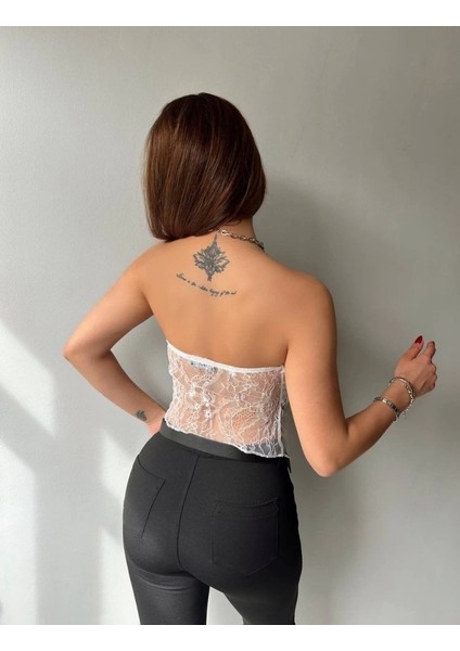 Kadın Göğüs ve Sırt Dekolteli Transparan Dantel Detay Bluz modelleri