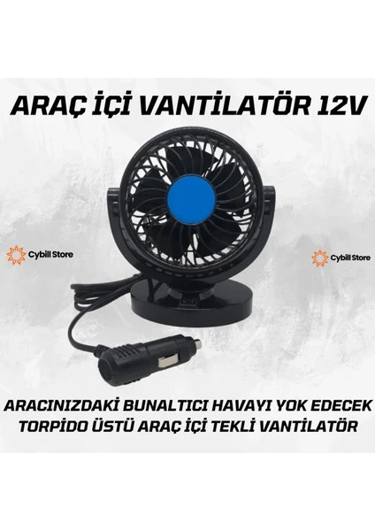 Tekli Vantilatör Torpido Üstü 12V Çakmaklık Girişli 360 Derece Ayarlanabilir