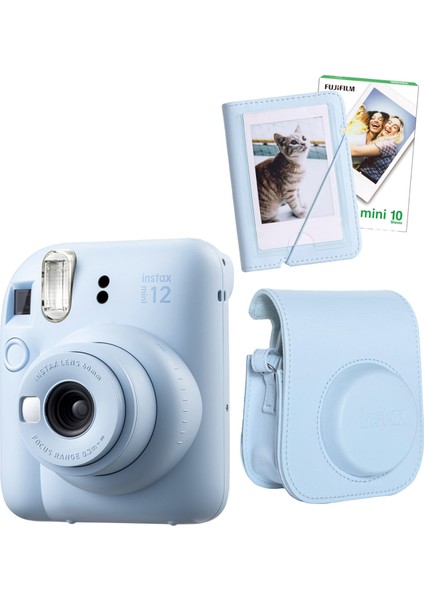 Instax Mini 12 10 Filmli Mini Albüm ve Deri Kılıflı Mavi Fotoğraf Makinesi