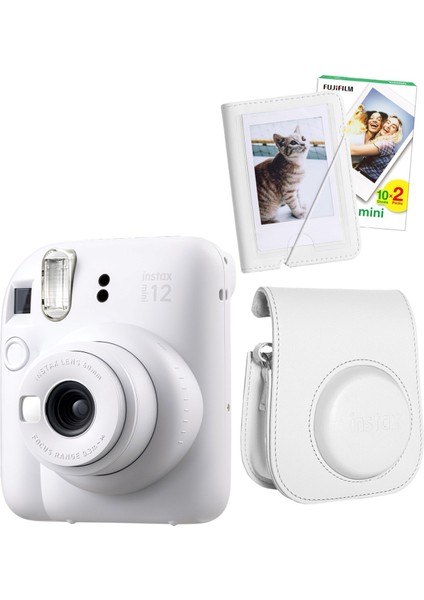 Instax Mini 12 20 Filmli Mini Albüm ve Deri Kılıflı Beyaz Fotoğraf Makinesi