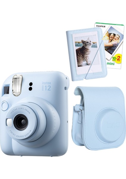 Instax Mini 12 20 Filmli Mini Albüm ve Deri Kılıflı Mavi Fotoğraf Makinesi