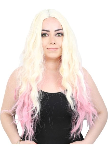 Fiber Sentetik Uzun Su Dalgası Peruk - Platin - Pembe Ombreli