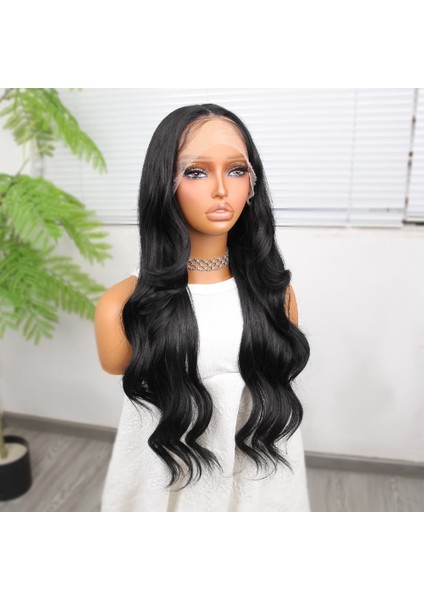 Siyah Fiber Sentetik Dalgalı Tül Peruk