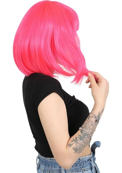 Küt Kahküllü Fiber Sentetik Peruk - Neon Pembe