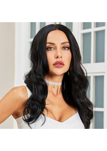 Siyah Geniş Dalgalı Fiber Sentetik Tül Peruk