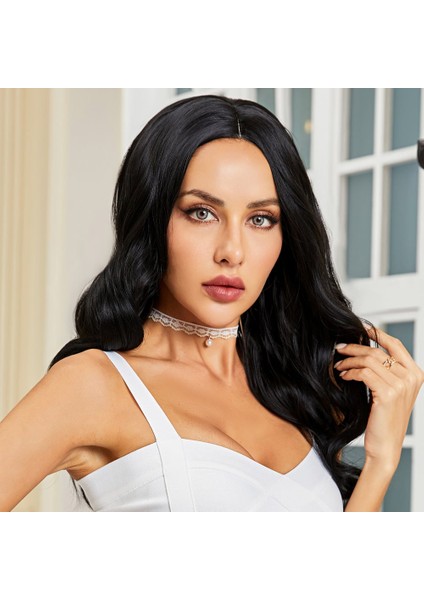 Siyah Geniş Dalgalı Fiber Sentetik Tül Peruk