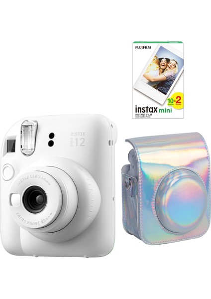Instax Mini 12 Beyaz Fotoğraf Makinesi 20'li Film ve Parlak Kılıf Seti
