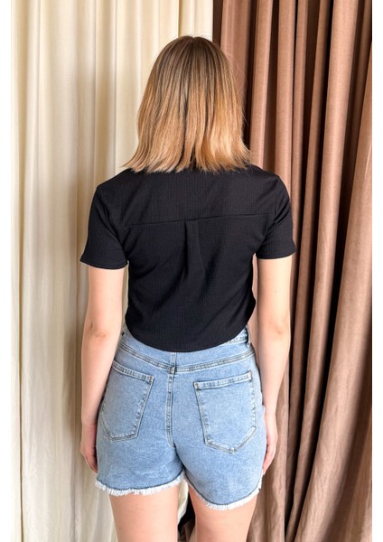 Kadın Kısa Kol Düğmeli Crop Gömlek 5319
