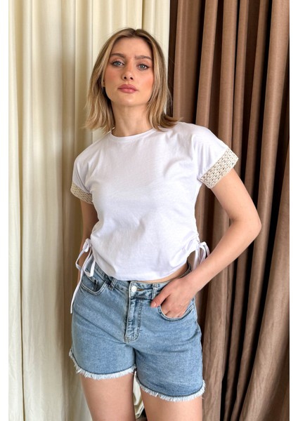 Kadın Kol Dantelli Yan Büzgülü Crop Bluz 5683