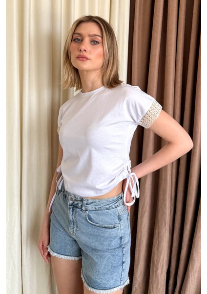 Kadın Kol Dantelli Yan Büzgülü Crop Bluz 5683 modelleri