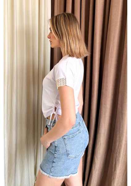 Kadın Kol Dantelli Yan Büzgülü Crop Bluz 5683 fırsatları