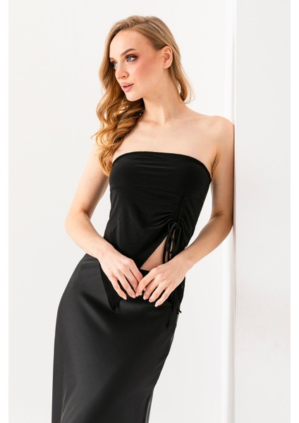Kadın Büzgülü Asimetrik Kesim Straplez Bluz Siyah - 2454 modelleri