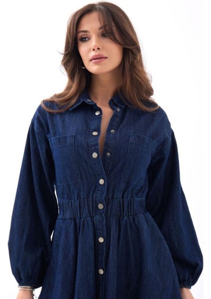 Butik 6707 Kot Elbise-Mavi